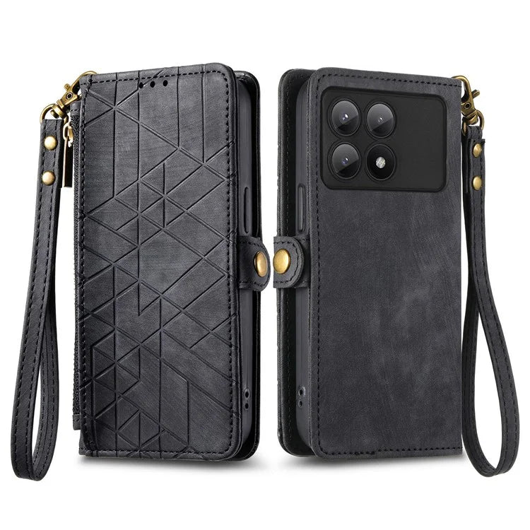 For Xiaomi Redmi K70E 5G / Poco X6 Pro 5G Case Geometry Leather Folio Flip Phone Cover with Wrist Strap