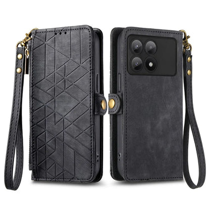 For Xiaomi Redmi K70E 5G / Poco X6 Pro 5G Case Geometry Leather Folio Flip Phone Cover with Wrist Strap