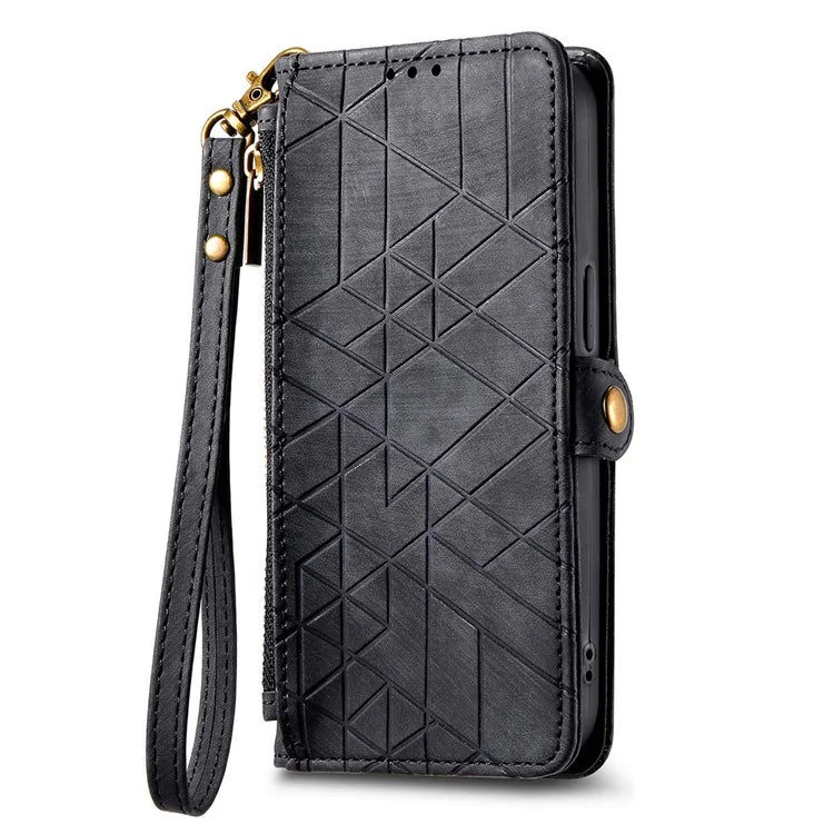For Xiaomi Redmi K70E 5G / Poco X6 Pro 5G Case Geometry Leather Folio Flip Phone Cover with Wrist Strap