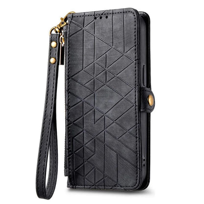 For Xiaomi Redmi K70E 5G / Poco X6 Pro 5G Case Geometry Leather Folio Flip Phone Cover with Wrist Strap
