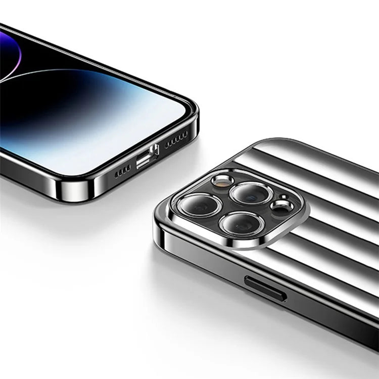 For iPhone 15 Pro Max Case with Lens Film Vertical Strip Design PC+TPU Phone Shell
