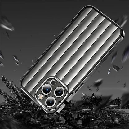 For iPhone 15 Pro Max Case with Lens Film Vertical Strip Design PC+TPU Phone Shell