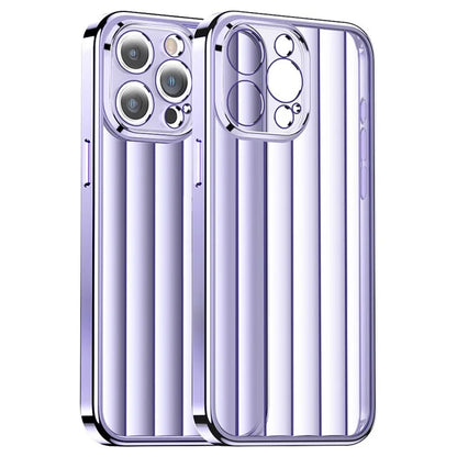 For iPhone 15 Pro Max Case with Lens Film Vertical Strip Design PC+TPU Phone Shell