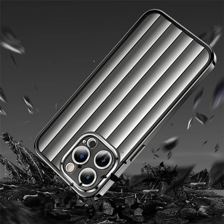 For iPhone 15 Pro Max Case with Lens Film Vertical Strip Design PC+TPU Phone Shell