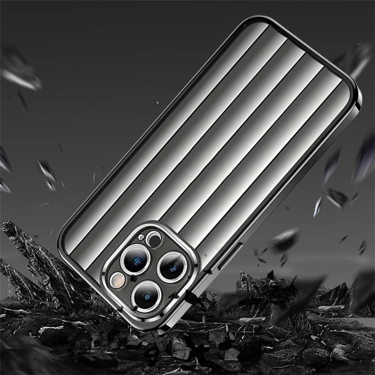 For iPhone 15 Pro Case Vertical Texture Electroplating PC+TPU Phone Cover with Lens Film