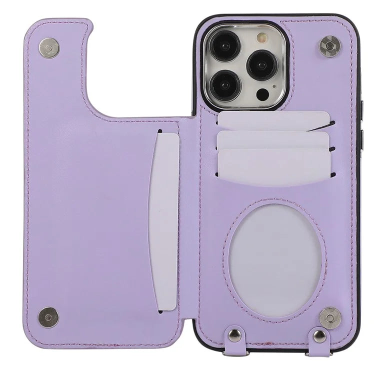 For iPhone 13 Pro Case RFID Blocking Card Slots Ring Kickstand Cover with Shoulder Strap