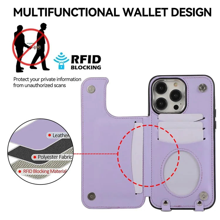 For iPhone 13 Pro Case RFID Blocking Card Slots Ring Kickstand Cover with Shoulder Strap