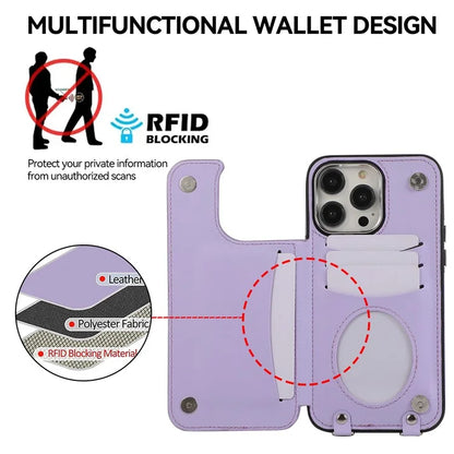 For iPhone 13 Pro Case RFID Blocking Card Slots Ring Kickstand Cover with Shoulder Strap