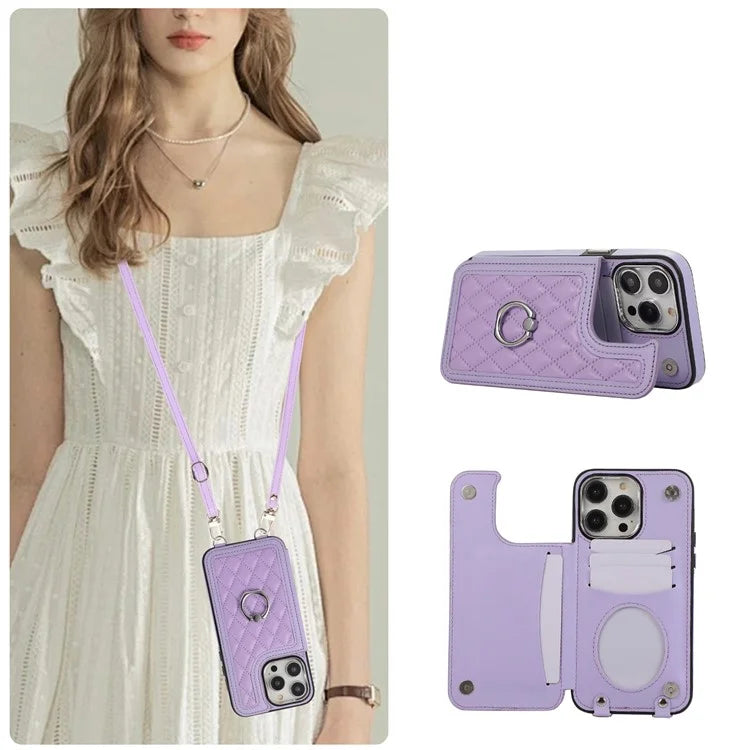 For iPhone 13 Pro Case RFID Blocking Card Slots Ring Kickstand Cover with Shoulder Strap