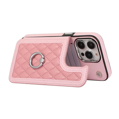 For iPhone 13 Pro Case RFID Blocking Card Slots Ring Kickstand Cover with Shoulder Strap