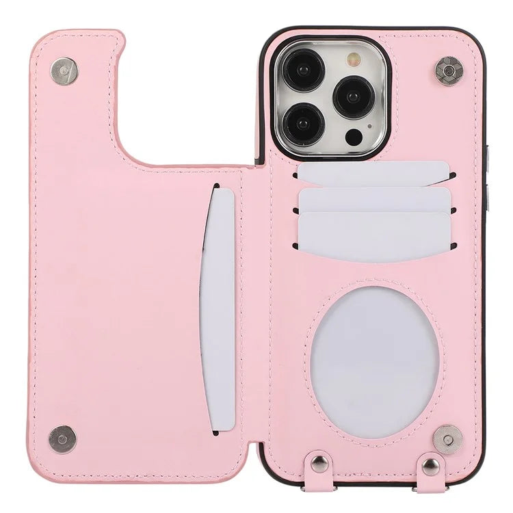 For iPhone 13 Pro Case RFID Blocking Card Slots Ring Kickstand Cover with Shoulder Strap