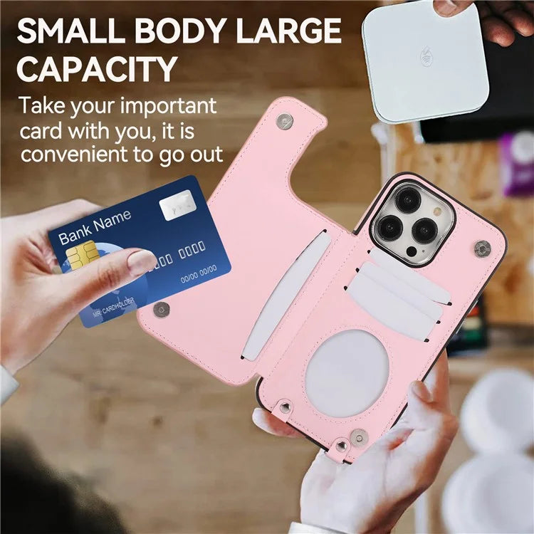 For iPhone 13 Pro Case RFID Blocking Card Slots Ring Kickstand Cover with Shoulder Strap