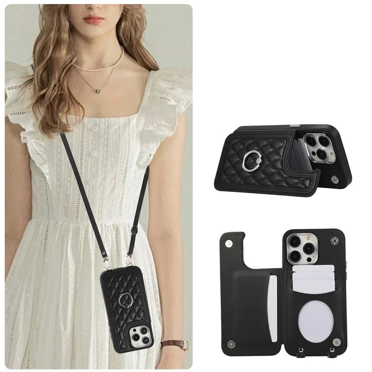 For iPhone 13 Pro Case RFID Blocking Card Slots Ring Kickstand Cover with Shoulder Strap