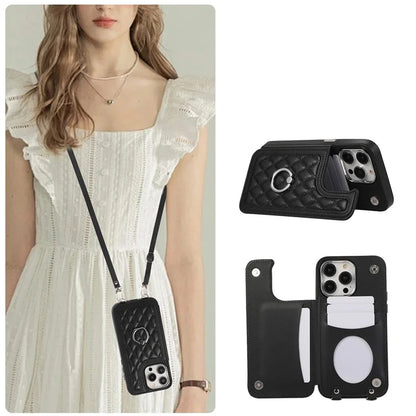For iPhone 13 Pro Case RFID Blocking Card Slots Ring Kickstand Cover with Shoulder Strap