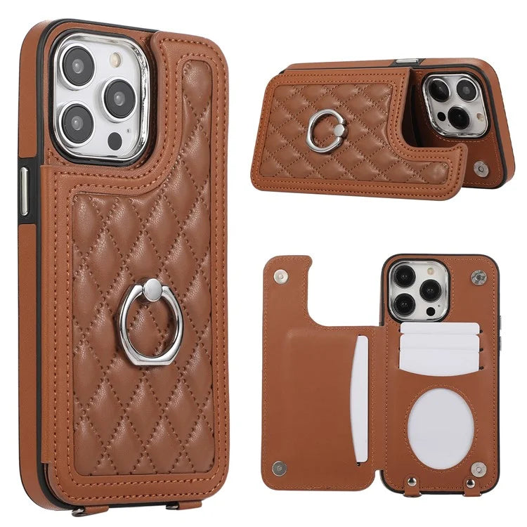 For iPhone 13 Pro Case RFID Blocking Card Slots Ring Kickstand Cover with Shoulder Strap