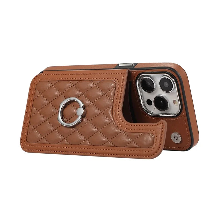 For iPhone 13 Pro Case RFID Blocking Card Slots Ring Kickstand Cover with Shoulder Strap