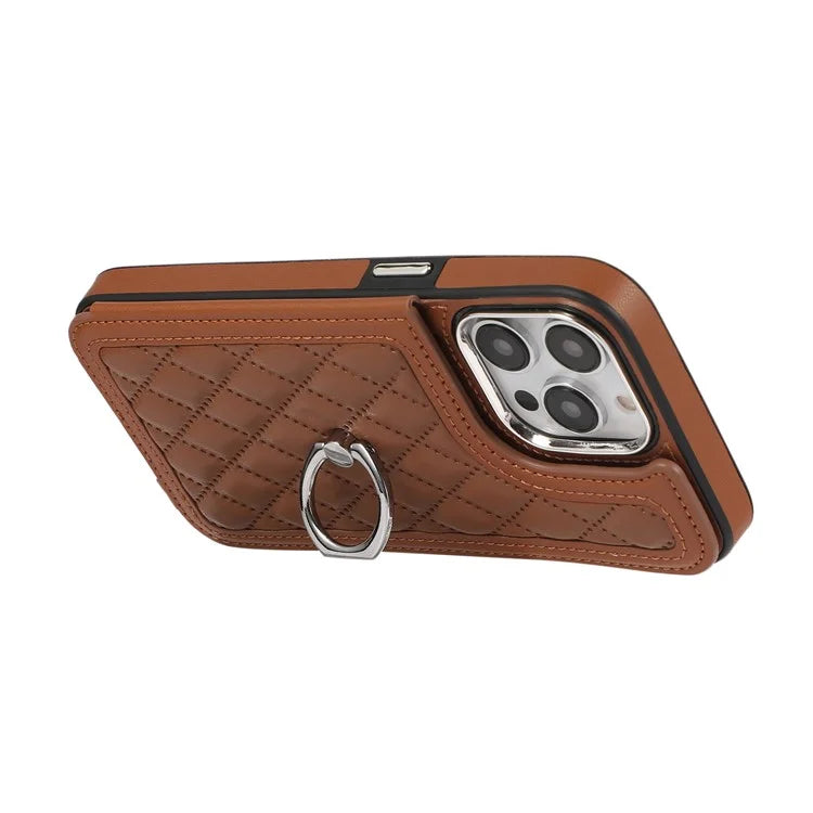 For iPhone 13 Pro Case RFID Blocking Card Slots Ring Kickstand Cover with Shoulder Strap