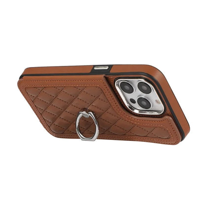 For iPhone 13 Pro Case RFID Blocking Card Slots Ring Kickstand Cover with Shoulder Strap