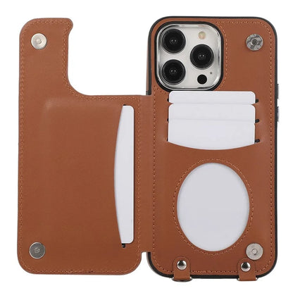 For iPhone 13 Pro Case RFID Blocking Card Slots Ring Kickstand Cover with Shoulder Strap