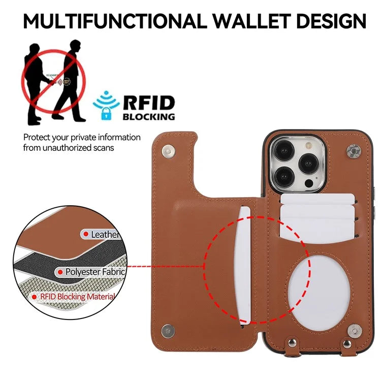 For iPhone 13 Pro Case RFID Blocking Card Slots Ring Kickstand Cover with Shoulder Strap