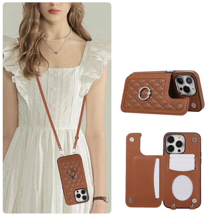 For iPhone 13 Pro Case RFID Blocking Card Slots Ring Kickstand Cover with Shoulder Strap