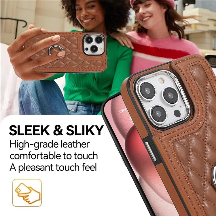 For iPhone 13 Pro Case RFID Blocking Card Slots Ring Kickstand Cover with Shoulder Strap