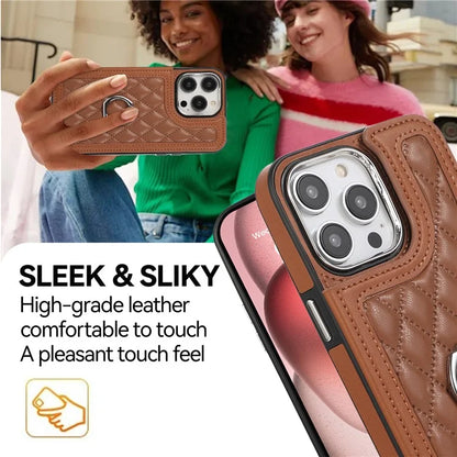 For iPhone 13 Pro Case RFID Blocking Card Slots Ring Kickstand Cover with Shoulder Strap