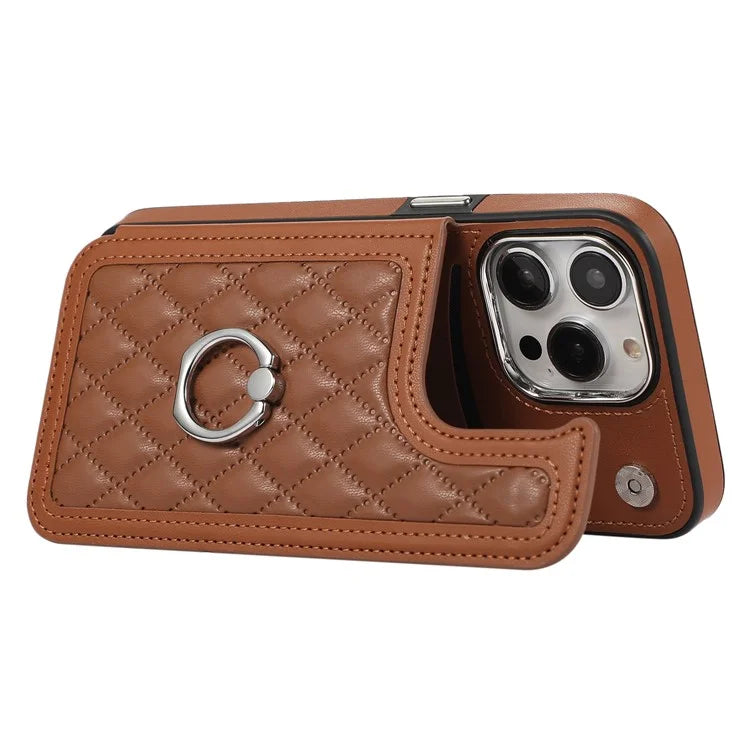For iPhone 14 Pro Case RFID Blocking Card Slots Leather Coated TPU Cover with Shoulder Strap