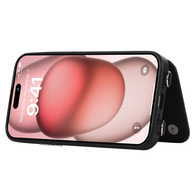 For iPhone 14 Pro Case RFID Blocking Card Slots Leather Coated TPU Cover with Shoulder Strap