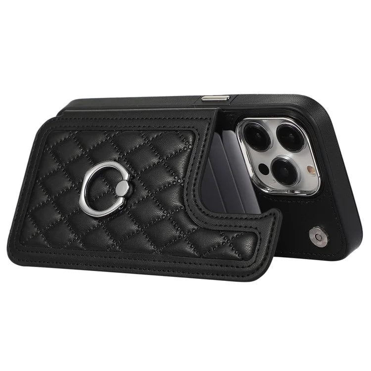 For iPhone 14 Pro Case RFID Blocking Card Slots Leather Coated TPU Cover with Shoulder Strap