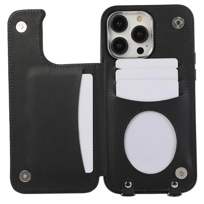 For iPhone 14 Pro Case RFID Blocking Card Slots Leather Coated TPU Cover with Shoulder Strap