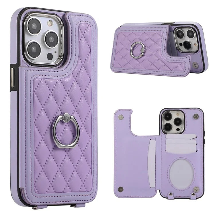 For iPhone 14 Pro Case RFID Blocking Card Slots Leather Coated TPU Cover with Shoulder Strap