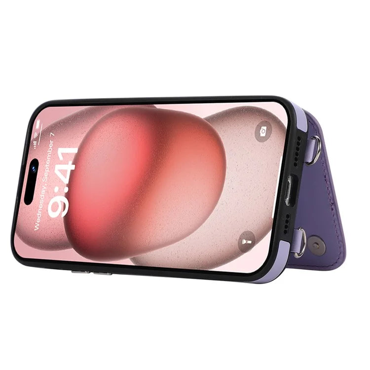 For iPhone 14 Pro Case RFID Blocking Card Slots Leather Coated TPU Cover with Shoulder Strap