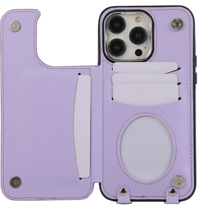 For iPhone 14 Pro Case RFID Blocking Card Slots Leather Coated TPU Cover with Shoulder Strap