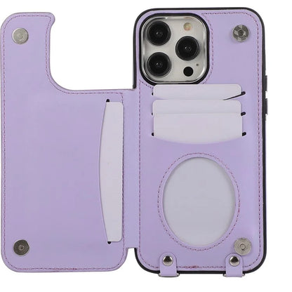 For iPhone 14 Pro Case RFID Blocking Card Slots Leather Coated TPU Cover with Shoulder Strap