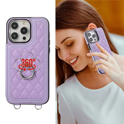 For iPhone 14 Pro Case RFID Blocking Card Slots Leather Coated TPU Cover with Shoulder Strap
