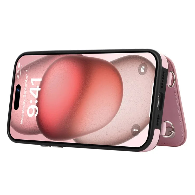 For iPhone 14 Pro Case RFID Blocking Card Slots Leather Coated TPU Cover with Shoulder Strap
