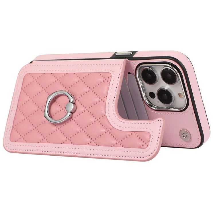 For iPhone 14 Pro Case RFID Blocking Card Slots Leather Coated TPU Cover with Shoulder Strap