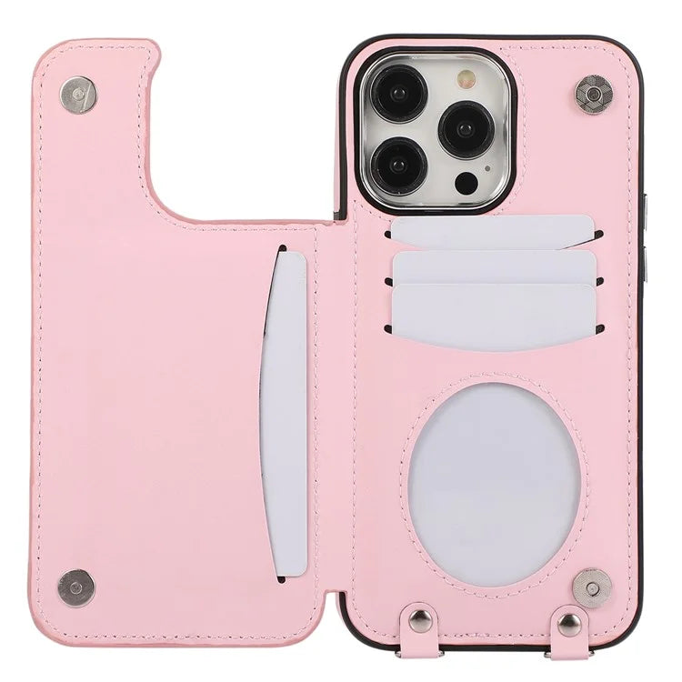 For iPhone 14 Pro Case RFID Blocking Card Slots Leather Coated TPU Cover with Shoulder Strap