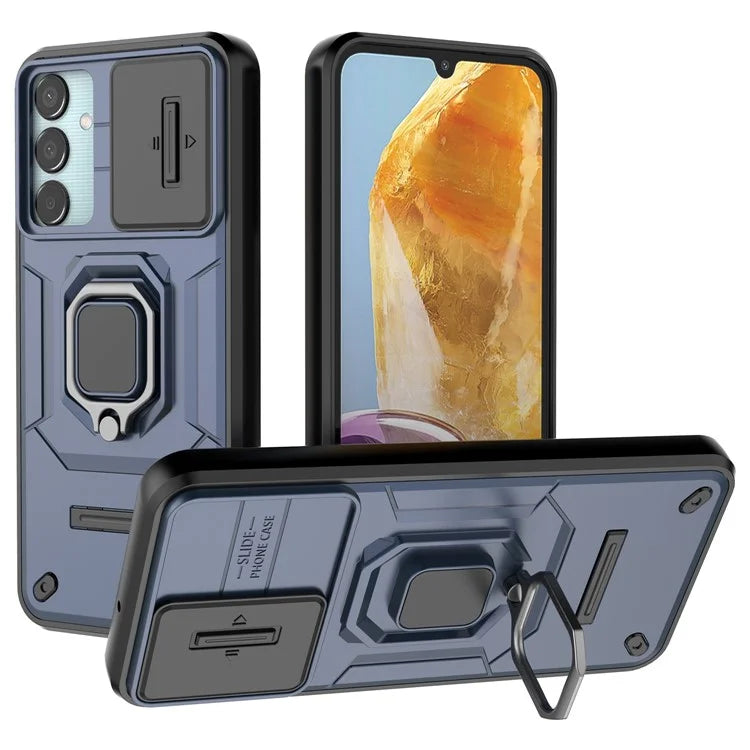 For Samsung Galaxy M15 5G Case with Slide Camera Cover Ring Kickstand PC+TPU Phone Protector