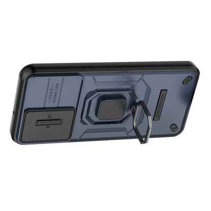 For Samsung Galaxy M15 5G Case with Slide Camera Cover Ring Kickstand PC+TPU Phone Protector