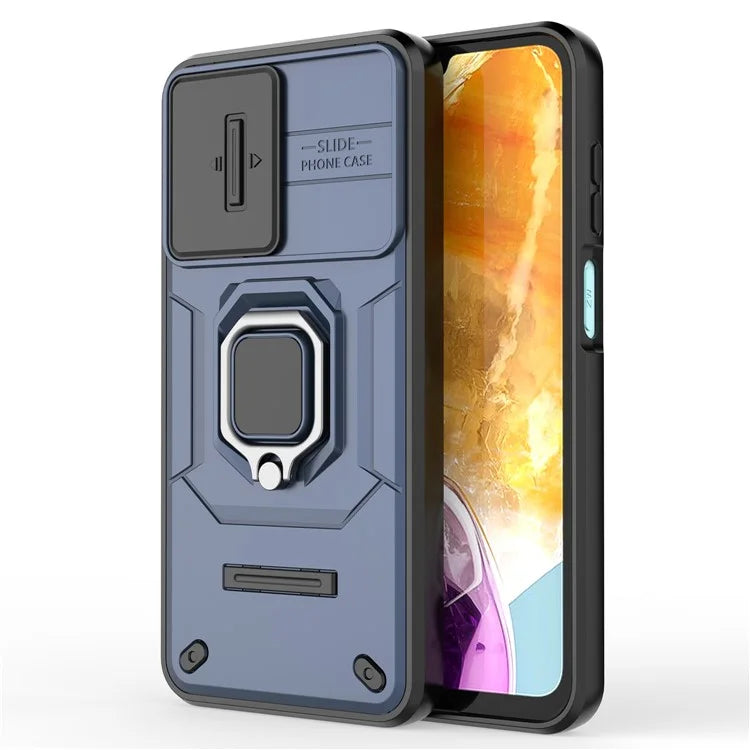For Samsung Galaxy M15 5G Case with Slide Camera Cover Ring Kickstand PC+TPU Phone Protector