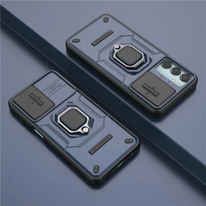 For Samsung Galaxy M15 5G Case with Slide Camera Cover Ring Kickstand PC+TPU Phone Protector