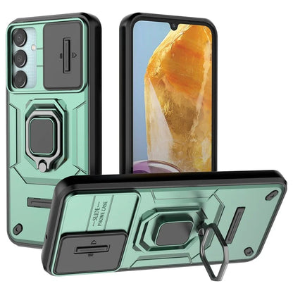For Samsung Galaxy M15 5G Case with Slide Camera Cover Ring Kickstand PC+TPU Phone Protector
