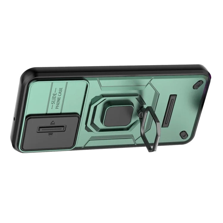 For Samsung Galaxy M15 5G Case with Slide Camera Cover Ring Kickstand PC+TPU Phone Protector
