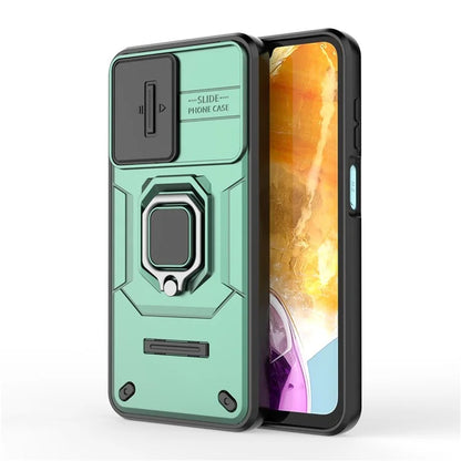 For Samsung Galaxy M15 5G Case with Slide Camera Cover Ring Kickstand PC+TPU Phone Protector