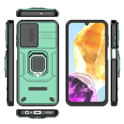 For Samsung Galaxy M15 5G Case with Slide Camera Cover Ring Kickstand PC+TPU Phone Protector