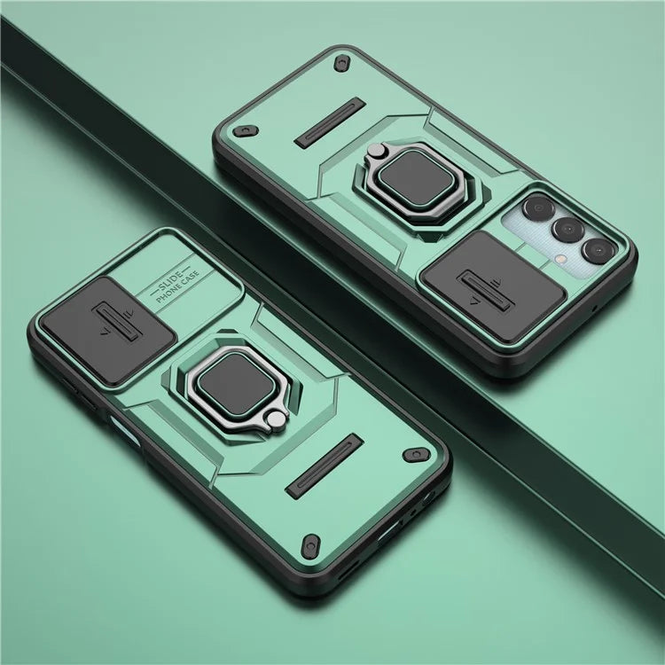 For Samsung Galaxy M15 5G Case with Slide Camera Cover Ring Kickstand PC+TPU Phone Protector