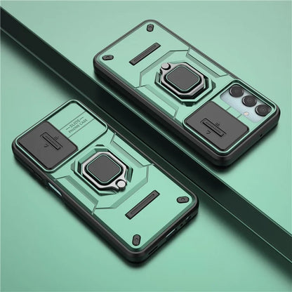 For Samsung Galaxy M15 5G Case with Slide Camera Cover Ring Kickstand PC+TPU Phone Protector