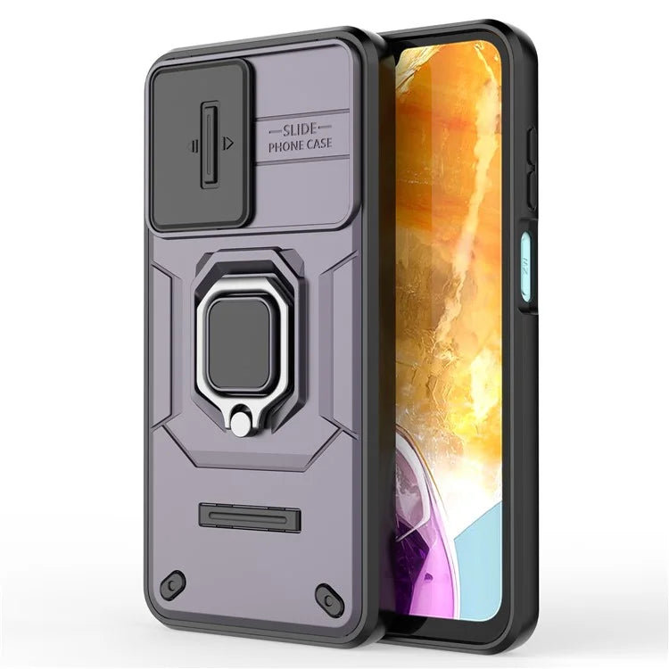 For Samsung Galaxy M15 5G Case with Slide Camera Cover Ring Kickstand PC+TPU Phone Protector